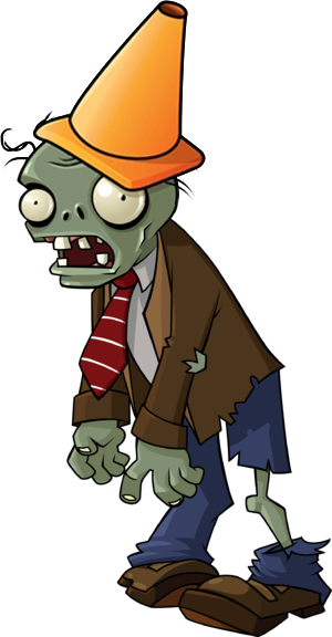A green zombie with an orange cone on its head
